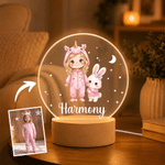 Personalised Cute Animal Cartoon Style Kid Photo Acrylic LED Night Light with Name and Wooden Base Nursery Decor Christmas Birthday Gift for Kids