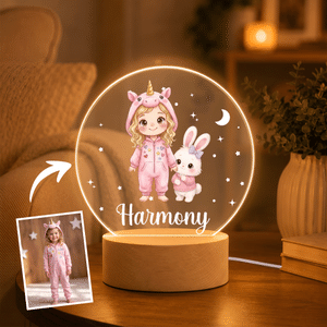 Personalised Cute Animal Cartoon Style Kid Photo Acrylic LED Night Light with Name and Wooden Base Nursery Decor Christmas Birthday Gift for Kids