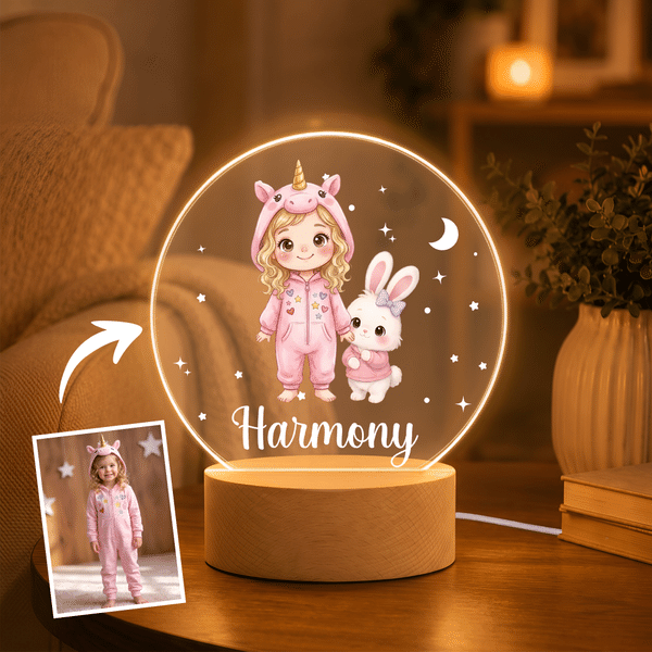 Personalised Cute Animal Cartoon Style Kid Photo Acrylic LED Night Light with Name and Wooden Base Nursery Decor Christmas Birthday Gift for Kids
