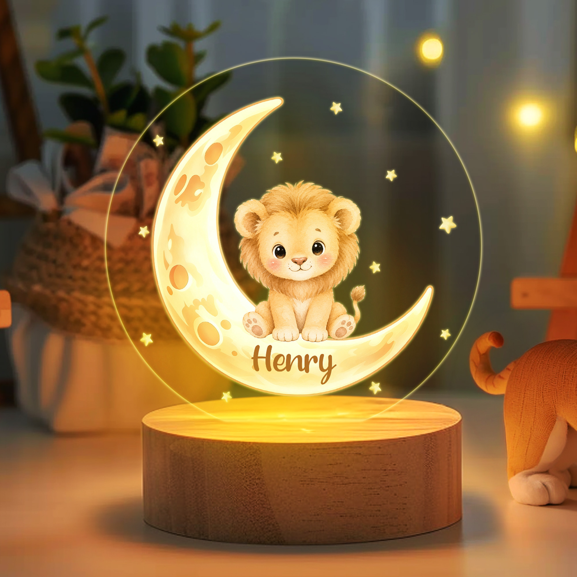 Personalisiertes Tiermotiv LED-Nachtlicht | mit Namen und Mondsichel | USB-betrieben | Kinderzimmer Deko | Geburtstagsgeschenk für Kinder