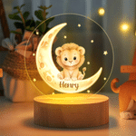 Personalised Cute Cartoon Animal Moon Acrylic LED Night Light with Name and Wooden Base Bedside Decor Birthday Gift for Kids New Parents