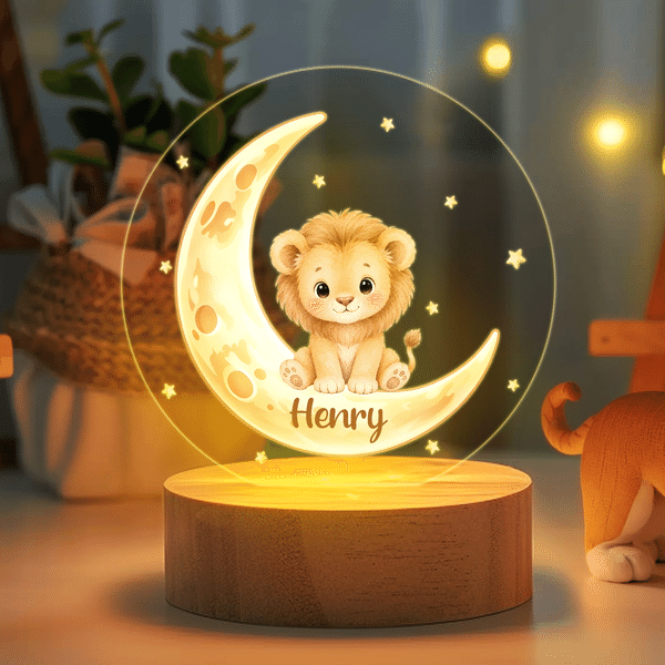 Personalised Cute Cartoon Animal Moon Acrylic LED Night Light with Name and Wooden Base Bedside Decor Birthday Gift for Kids New Parents