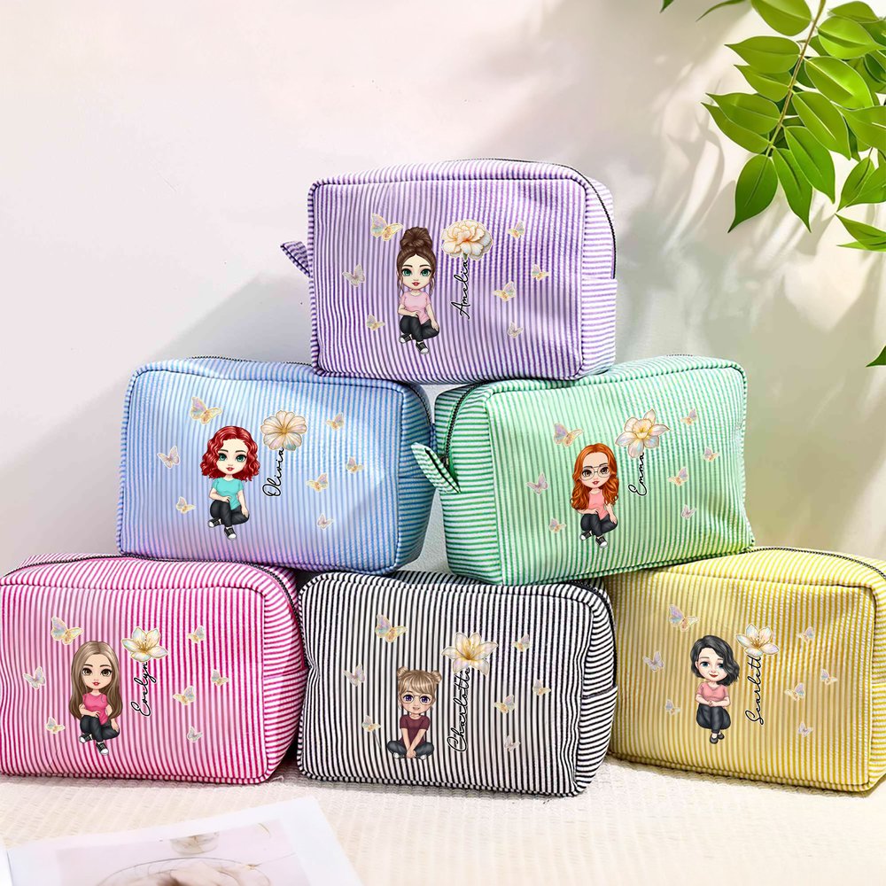 Personalised Multicolour Birth Flower Cartoon Character Striped Makeup Bag with Name Daily Travel Essential Birthday Mother's Day Gift for Women 1