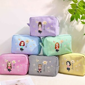 Personalised Multicolour Birth Flower Cartoon Character Striped Makeup Bag with Name Daily Travel Essential Birthday Mother's Day Gift for Women