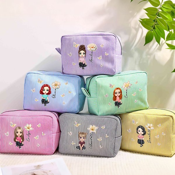 Personalized Multicolour Birth Flower Cartoon Character Striped Makeup Bag with Name Daily Travel Essential Birthday Mother's Day Gift for Women