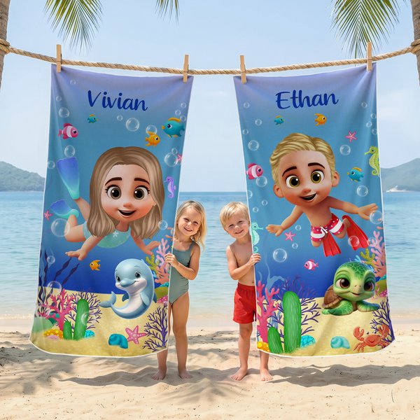 Personalized Cute 3D Diving Kid Sea Animal Quick Dry Soft Oversized Beach Towel with Name Summer Vacation Beach Party Birthday Gift for Boys Girls