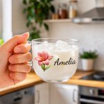 Personalized 3D-Effect Artwork Birth Flower Glass Cup with Name and Coaster Office Decoration Birthday Gift for Women