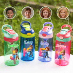 Personalized 3D-Effect Artwork Cute Cartoon Character Photo 16 oz Water Bottle with Name and Straw Daily Use Birthday Back to School Gift for Kids