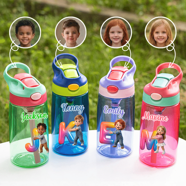 Personalized 3D-Effect Artwork Cute Cartoon Character Photo 16 oz Water Bottle with Name and Straw Daily Use Birthday Back to School Gift for Kids