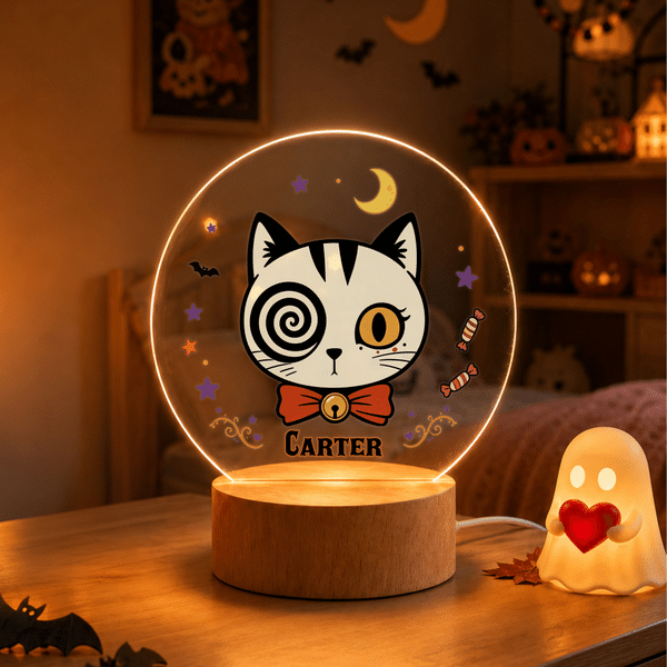 Personalized Halloween Quirky Cat Acrylic LED Night Light with Name and Wooden Base Room Decor Halloween Gift for Kids