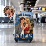 Personalized Travel Scenery Comic Style Couple Photo Luggage Cover Fits 18-32 Inches Suitcase with Name Travel Essential Birthday Gift for Couple