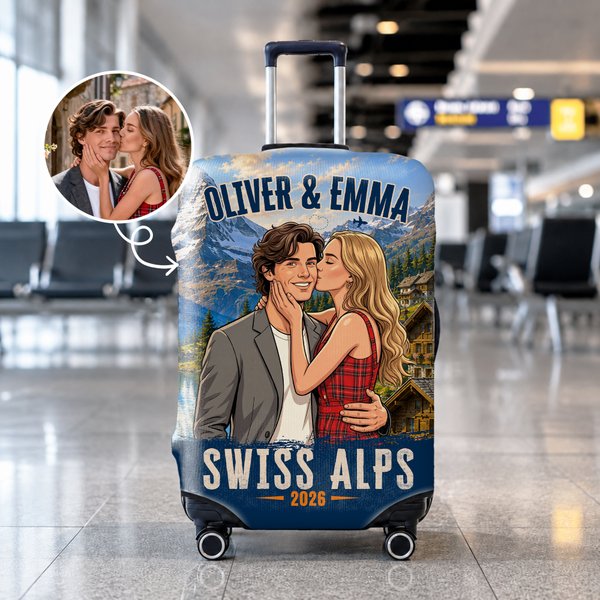 Personalized Travel Scenery Comic Style Couple Photo Luggage Cover Fits 18-32 Inches Suitcase with Name Travel Essential Birthday Gift for Couple
