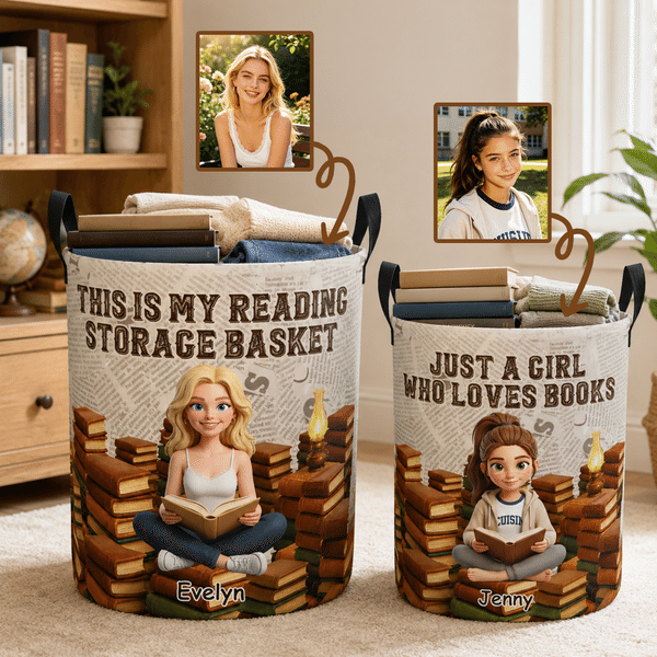 Personalized 3D-Effect Artwork Reading Character Photo Waterproof Laundry Storage Basket with Handle and Name Housewarming Birthday Gift for Women
