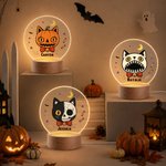 Personalized Halloween Quirky Cat Acrylic LED Night Light with Name and Wooden Base Room Decor Halloween Gift for Kids