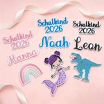 Personalized Embroidered Mermaid Dinosaur Turtle Rainbow Iron-On Patch with Name and Schulkind Year Back to School Gift for Students Kids