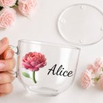 Personalized 3D-Effect Artwork Birth Flower Glass Cup with Name and Coaster Office Decoration Birthday Gift for Women