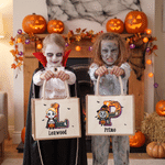 Personlig 3D-effekt med motiv av karakterfoto – stor juteveske med navn og initialer – Halloween-gave til barn: «Trick or Treat»