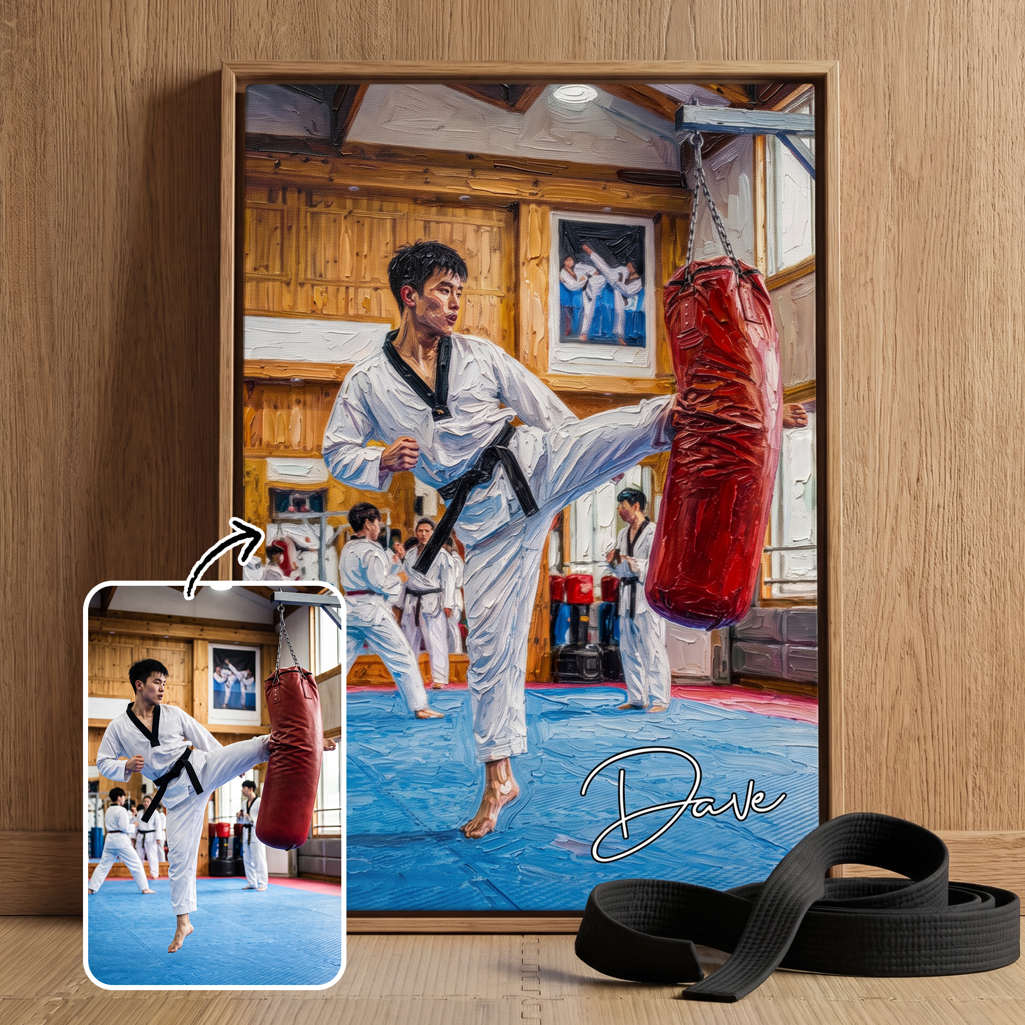 Individuell gestaltete Taekwondo-Fotoleinwanddrucke im Ölgemälde-Stil mit Namen – moderne Wanddekoration, Versand aus den USA – Geburtstagsgeschenk für Taekwondo-Fans