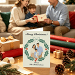 Personalized Minimalist Flat Style Family Portrait Holly Wreath Greeting Card with Title and Text Christmas Gift for Family Friends