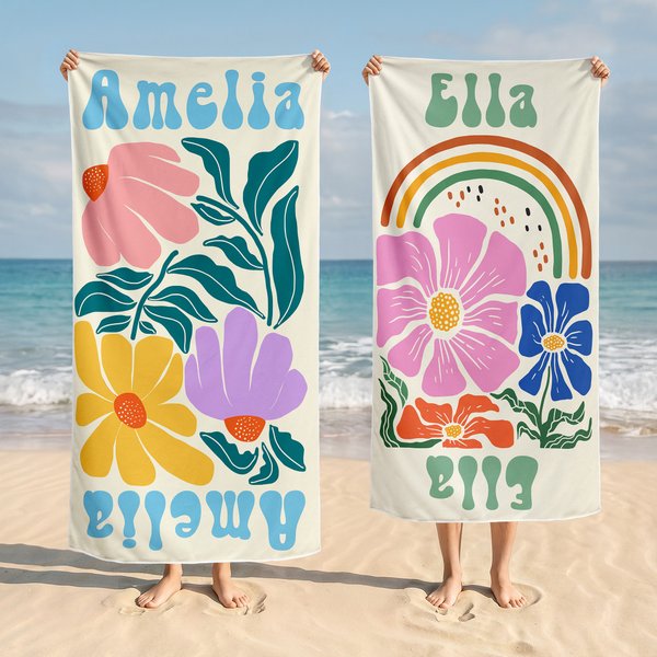 Personalised Multicolour Floral Quick Dry Oversized Beach Towel with Name Travel Essentials Birthday Summer Holiday Party Gift for Women