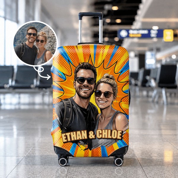 Personalized Pop Style Photo Suitcase Cover with Name Fits 18-32 Inches Suitcase Travel Birthday Gift for Girlfriend Boyfriend Couple