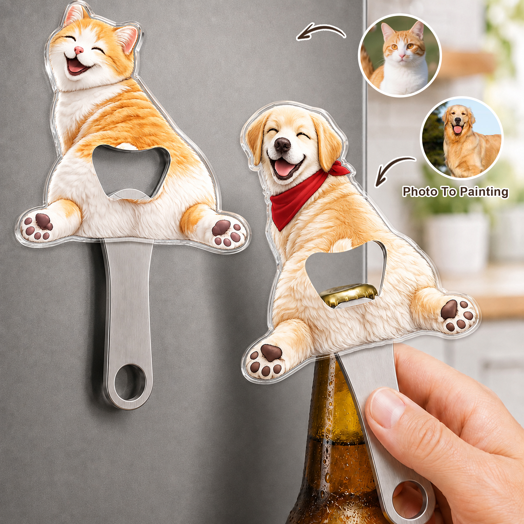 Individuell gestalteter, witziger Flaschenöffner mit Haustierfoto und Magnet – Kühlschrankdekoration, Bar- und Partyzubehör, Weinaccessoire, Geburtstagsgeschenk für Freunde und Haustierbesitzer