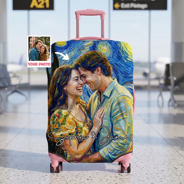 Personalised Oil Portrait Style Photo Luggage Protective Cover Fits 18-32 Inches Suitcase with Name Travel Birthday Gift for Family