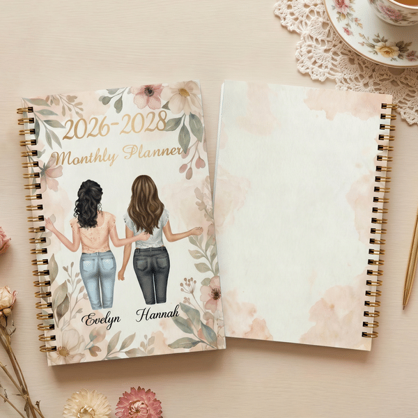 Personalized Exquisite Watercolor 2-5 Best Friends 2026-2028 Monthly Planner with Name Birthday Anniversary Gift for Besties