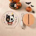 Personalized Halloween Quirky Cat Acrylic LED Night Light with Name and Wooden Base Room Decor Halloween Gift for Kids