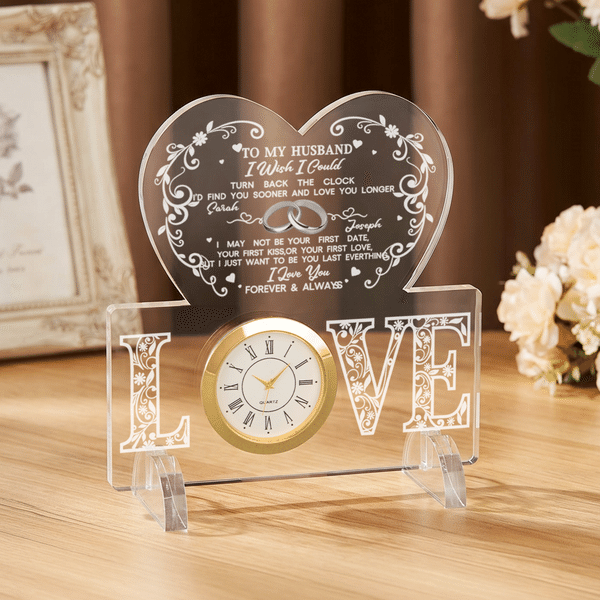 Personalized Romantic Heart-Shaped Turn Back the Clock Acrylic Plaque with Detachable Clock and Stand Wedding Anniversary Gift for Couple