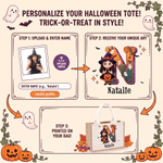 Personlig 3D-effekt med motiv av karakterfoto – stor juteveske med navn og initialer – Halloween-gave til barn: «Trick or Treat»