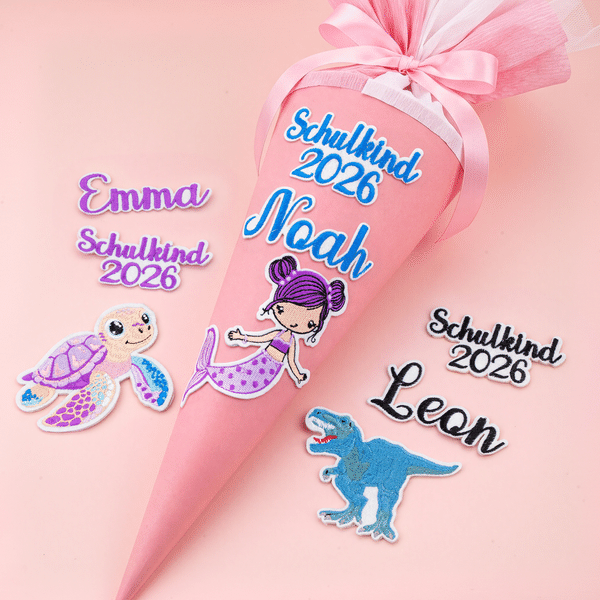 Personalized Embroidered Mermaid Dinosaur Turtle Rainbow Iron-On Patch with Name and Schulkind Year Back to School Gift for Students Kids