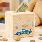 Personalized Watercolor Race Car Police Car Excavator Wooden Money Box Piggy Bank with Name Birthday Anniversary Gift for Kids