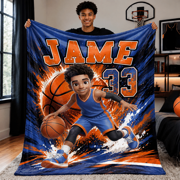Personalized Basketball 3D-Style Character Artwork Soft Throw Blanket with Name and Number Back to School Birthday Gift for Basketball Lovers Children