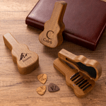 Personalised Monogram Letter Pattern Wooden Guitar Pick Holder Case with Name and 7 Pcs Picks Music Accessories Birthday Gift for Guitar Player