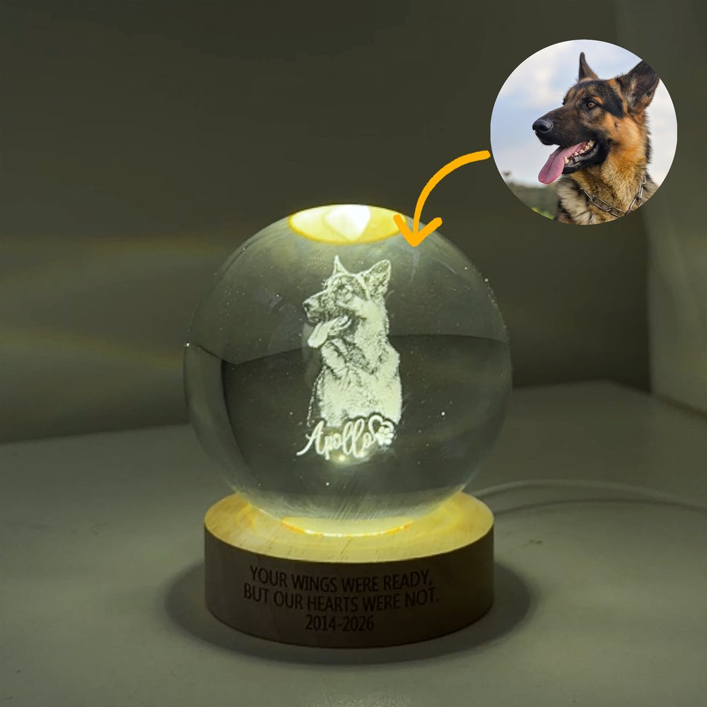Gepersonaliseerd rond kristallen LED-nachtlampje met foto van huisdier, naam en houten voet – woondecoratie en rouwcadeau voor eigenaren van huisdieren 3