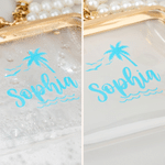 Personalized Beach Theme Coconut Tree Transparent Coin Handbag with Text and Faux Pearl Chain Summer Vacation Beach Party Birthday Gift for Women