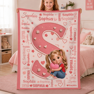 Individuell gestaltete, mehrfarbige Kuscheldecke mit Cartoon-Figur, Name und Initialen – Wohnaccessoire und Geburtstagsgeschenk für Kinder