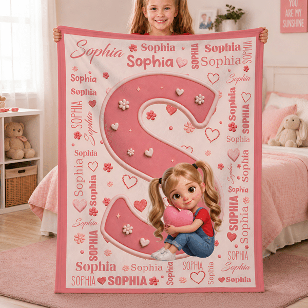 Personalised Multicolour Cartoon Photo Character Soft Throw Blanket with Name and Initial Home Decor Birthday Gift for Kids