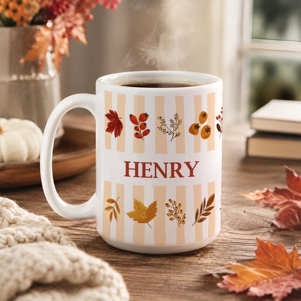 Personalized Autumn Theme Leaf Pumpkin Striped 11/15 oz Ceramic Coffee Mug with Name  Birthday Autumn Gathering Gift for Family Friends