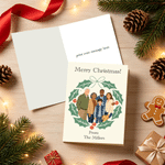 Personalized Minimalist Flat Style Family Portrait Holly Wreath Greeting Card with Title and Text Christmas Gift for Family Friends