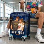 Personalized Travel Scenery Comic Style Couple Photo Luggage Cover Fits 18-32 Inches Suitcase with Name Travel Essential Birthday Gift for Couple