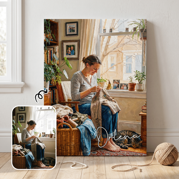 Personalized Sewing Oil Painting Style Photo Framed Canvas Print with Name Home Decor Birthday Gift for Woman Sewing Lover