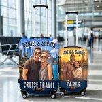 Personalized Travel Scenery Comic Style Couple Photo Luggage Cover Fits 18-32 Inches Suitcase with Name Travel Essential Birthday Gift for Couple
