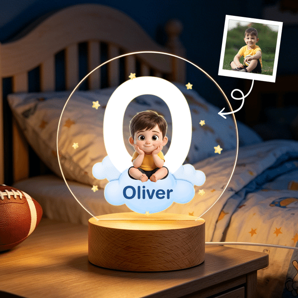 Personalized Cloud 3D-Effect Artwork Character Photo Acrylic Night Light with Name and Initial Nursery Room Decor Birthday Gift for Kids