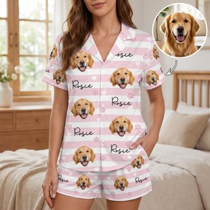 Personalised Pet Face Photo Striped Paw Heart Pattern Women Pyjama Set with Name Loungewear Daily Home Wear Birthday Gift for Pet Lovers  Best Friends