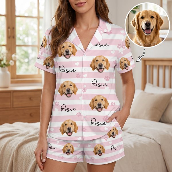 Personalised Pet Face Photo Striped Paw Heart Pattern Women Pyjama Set with Name Loungewear Daily Home Wear Birthday Gift for Pet Lovers  Best Friends