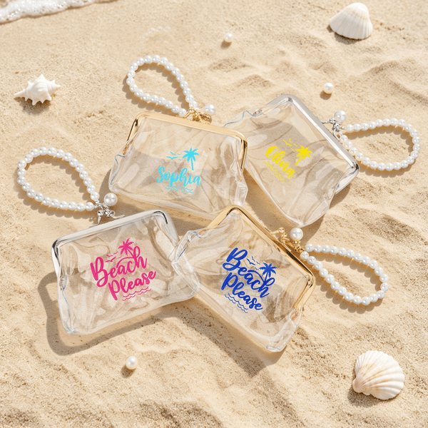 Personalized Beach Theme Coconut Tree Transparent Coin Handbag with Text and Faux Pearl Chain Summer Vacation Beach Party Birthday Gift for Women