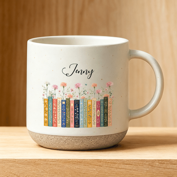Personalized Double-Sided Printed Birth Flower Book Vintage Ceramic Mug with Name Daily Use Birthday Book Club Gift for Book Lovers Bookworms