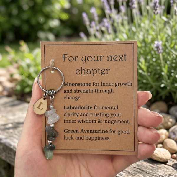 Personalized Heart Water Droplet Crystal Keychain with Initial and New Chapter Card New Job New Home Graduation Gift for Friend Family
